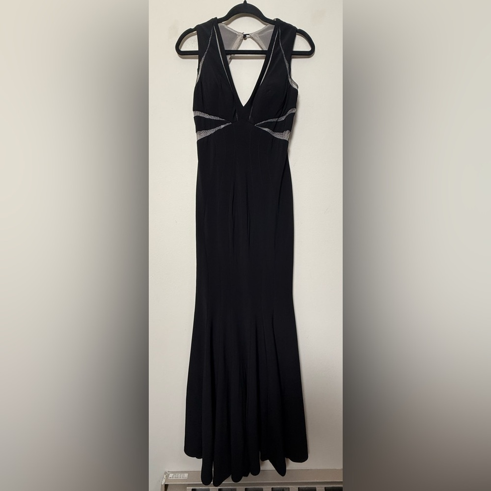 Betsy‎ & Adam Mesh Cutout Halter Evening Gown in Black - 6